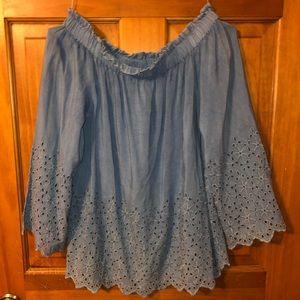 Large, blue, long sleeve, off the shoulder top.